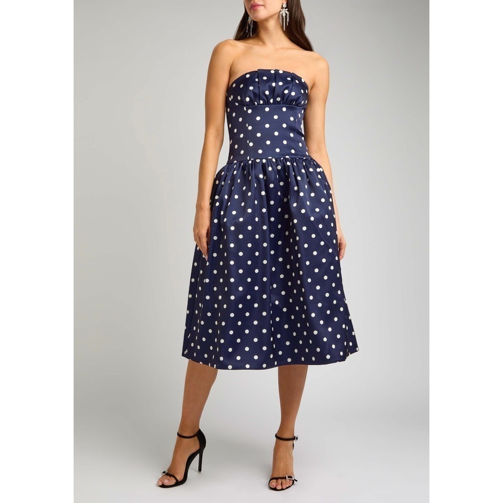 B67 Self‎ Portrait Polka Dot Midi Dress 8 Strapless Satin Navy White Cocktail